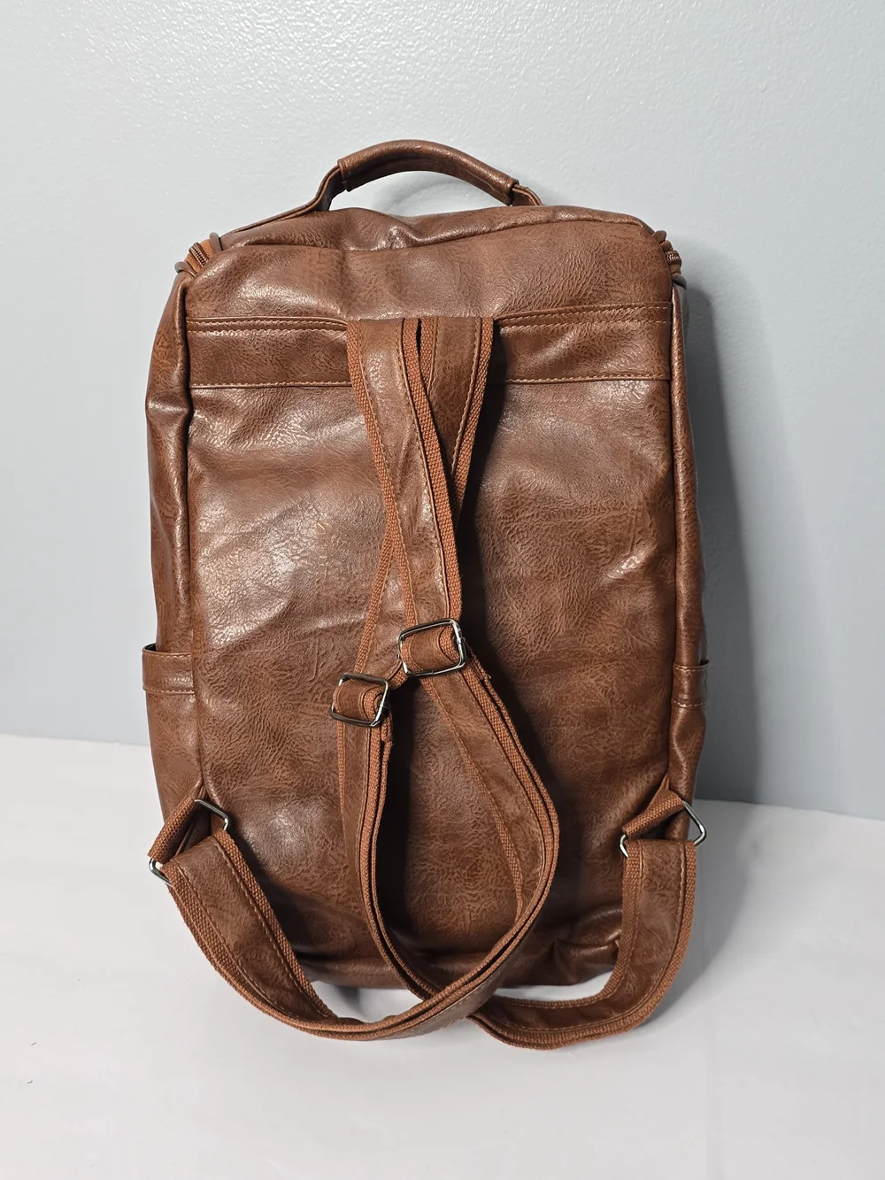 Brown Faux Leather Multi-Pocket Travel Backpack